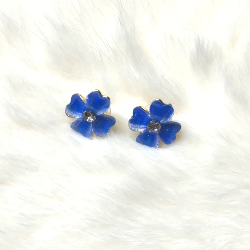 Sweet Floral Earrings Blue Faux Gemstone With Faux Diamond Stones Gold Tone